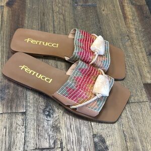 Multi-Color Beaded Box Shaped Slide Sandals - Brown Base
